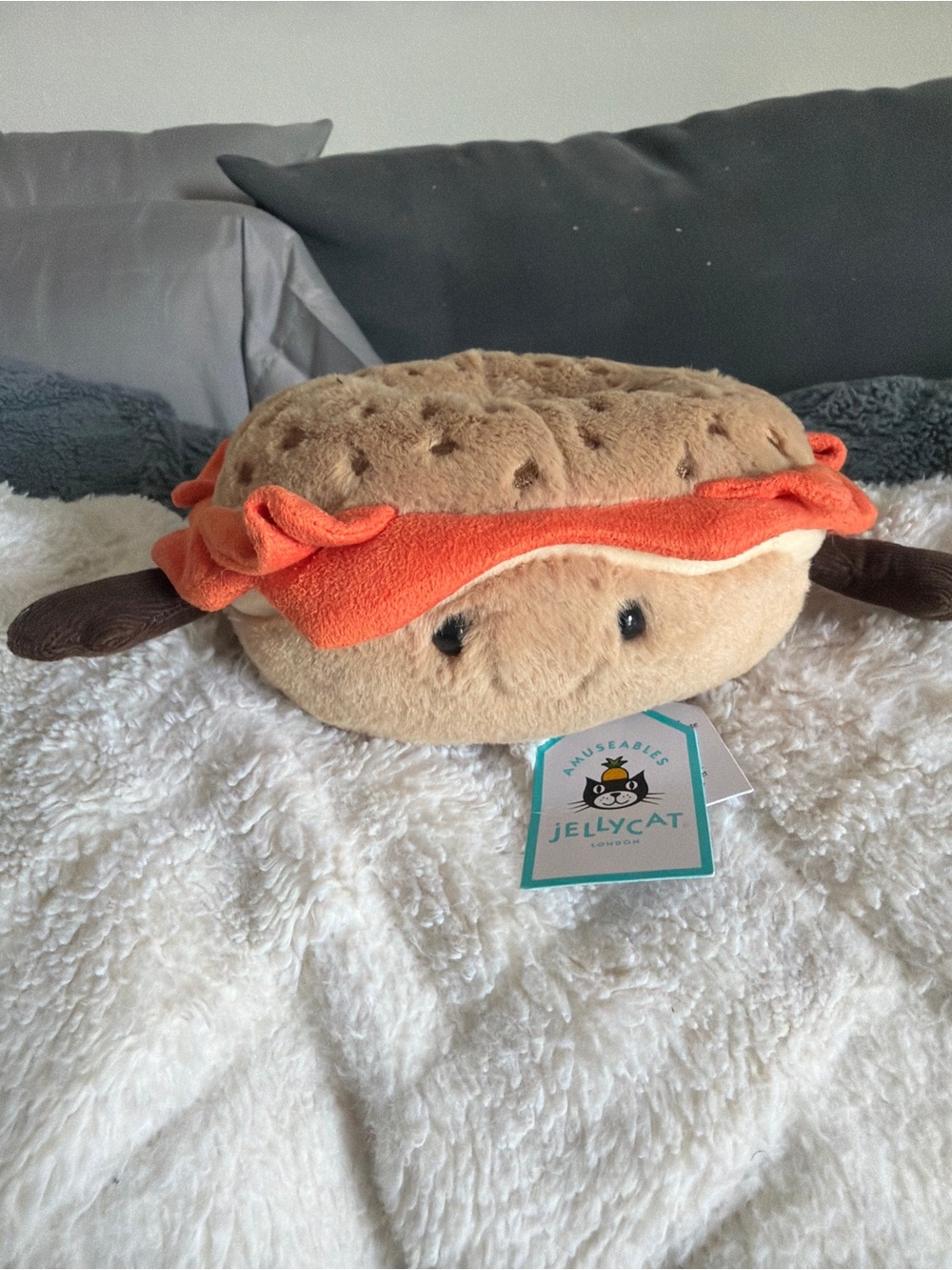 Jellycat Bashful Pink Bunny Tan Plush Sandwich Buddy with Orange Accent